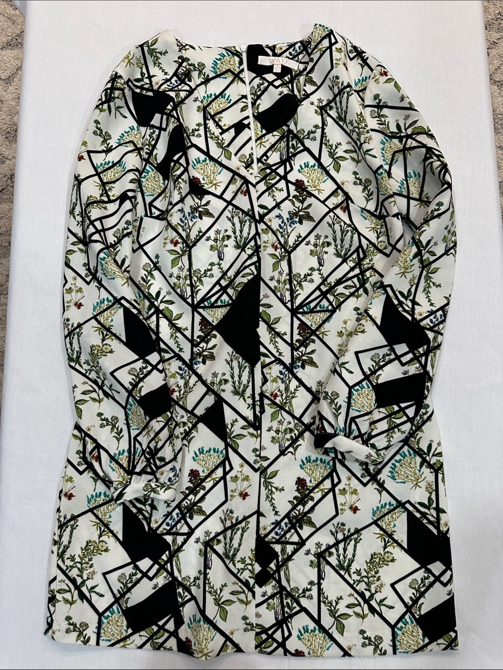 Wayf White Mini Skirt with Black Geometric and Floral Print